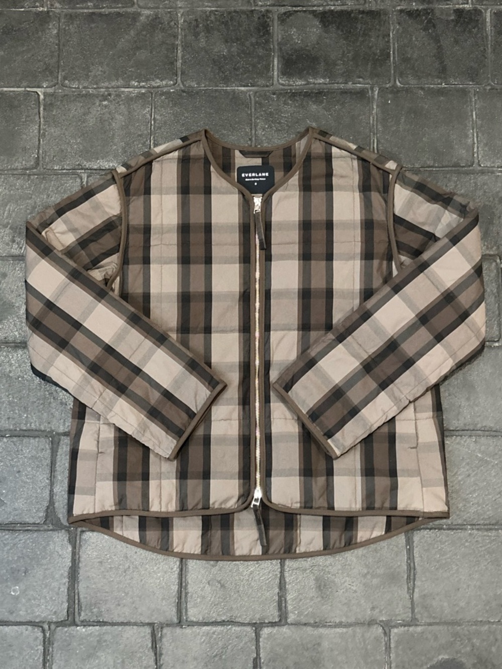 Everlane The Quilted Cotton Liner Jacket Plaid Abalone Black Earth Brown small